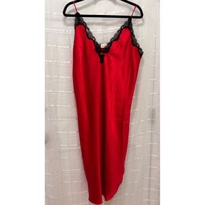 Vintage Inner Most Red Satin Lace Trim Chemise Nightgown Large Rosette USA Made